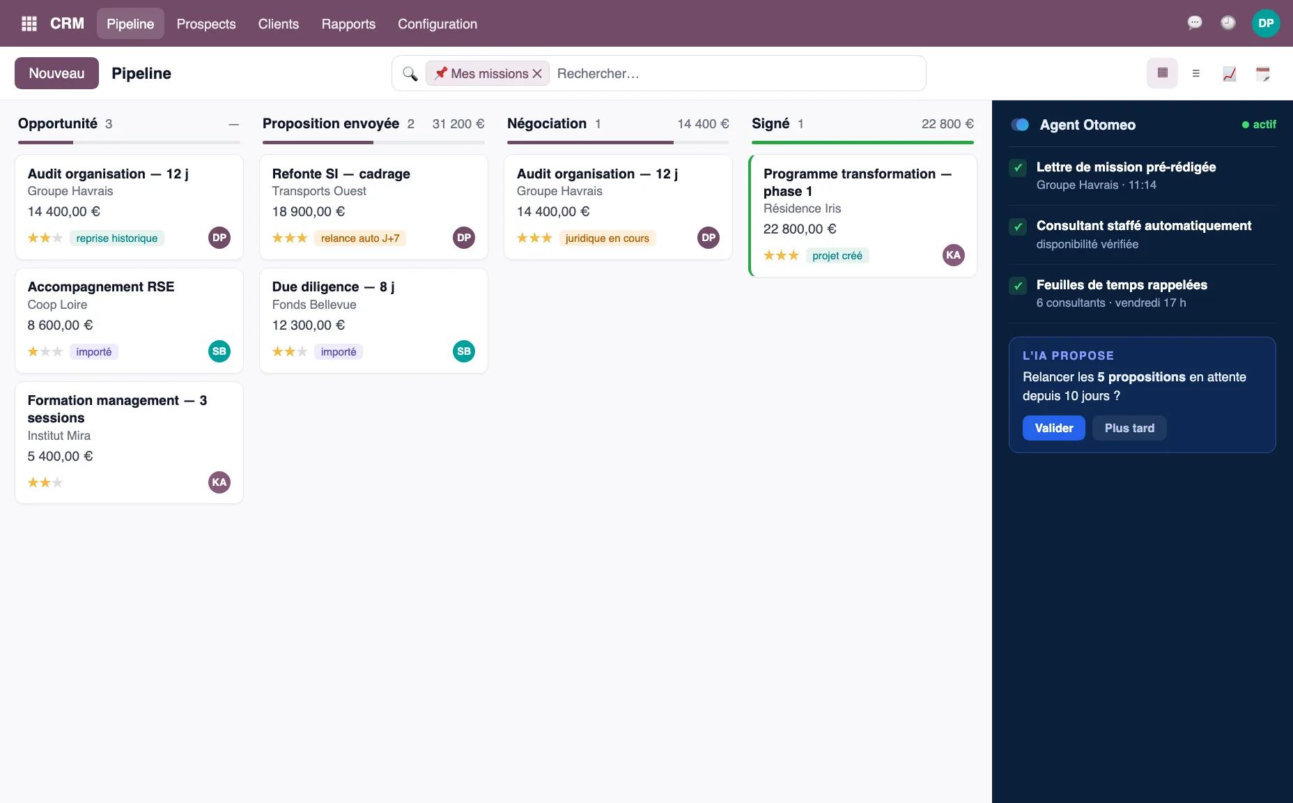 Pipeline Odoo d'un cabinet : missions, propositions et staffing