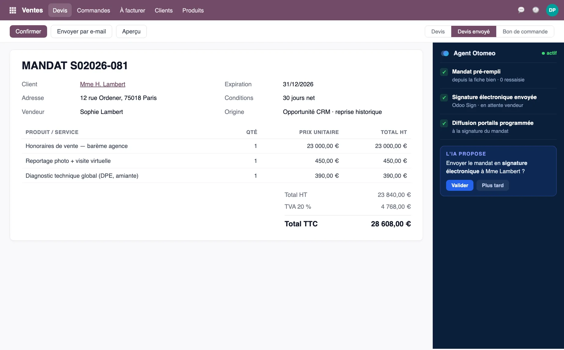 Document Odoo généré depuis la fiche client, prêt pour signature électronique