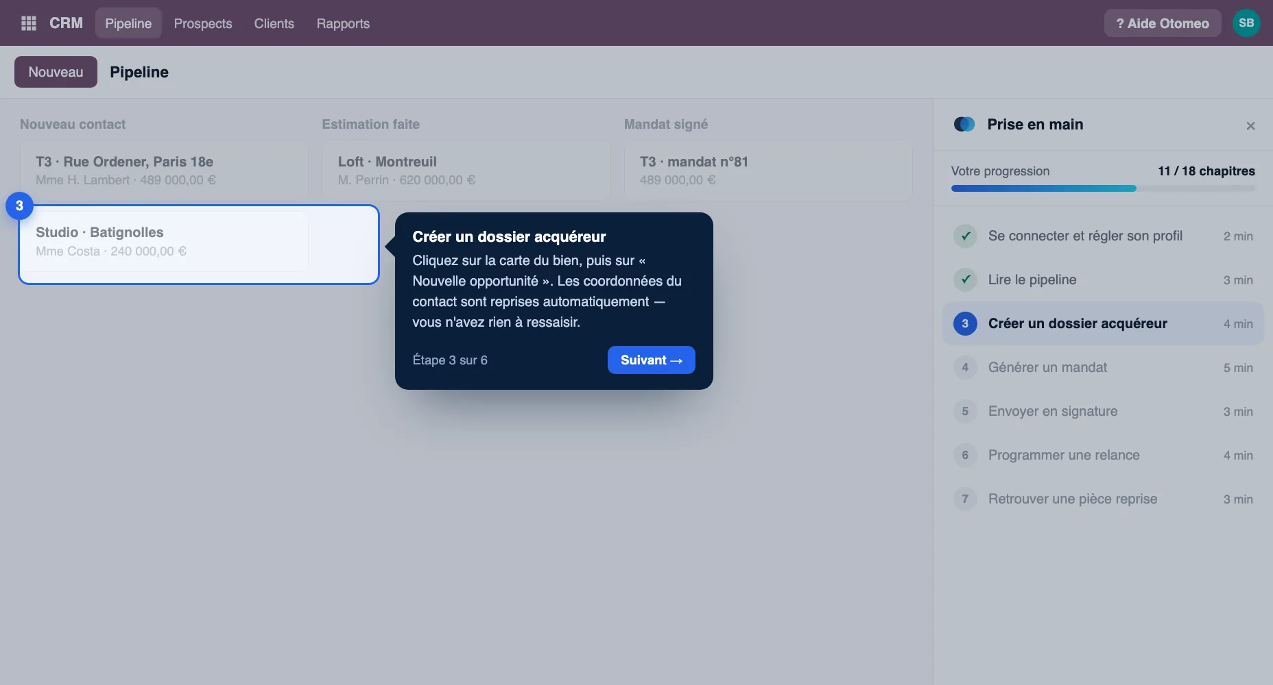 Tutoriel Otomeo intégré dans Odoo : panneau de progression 11 chapitres sur 18, bulle d'aide contextuelle qui surligne l'élément à cliquer