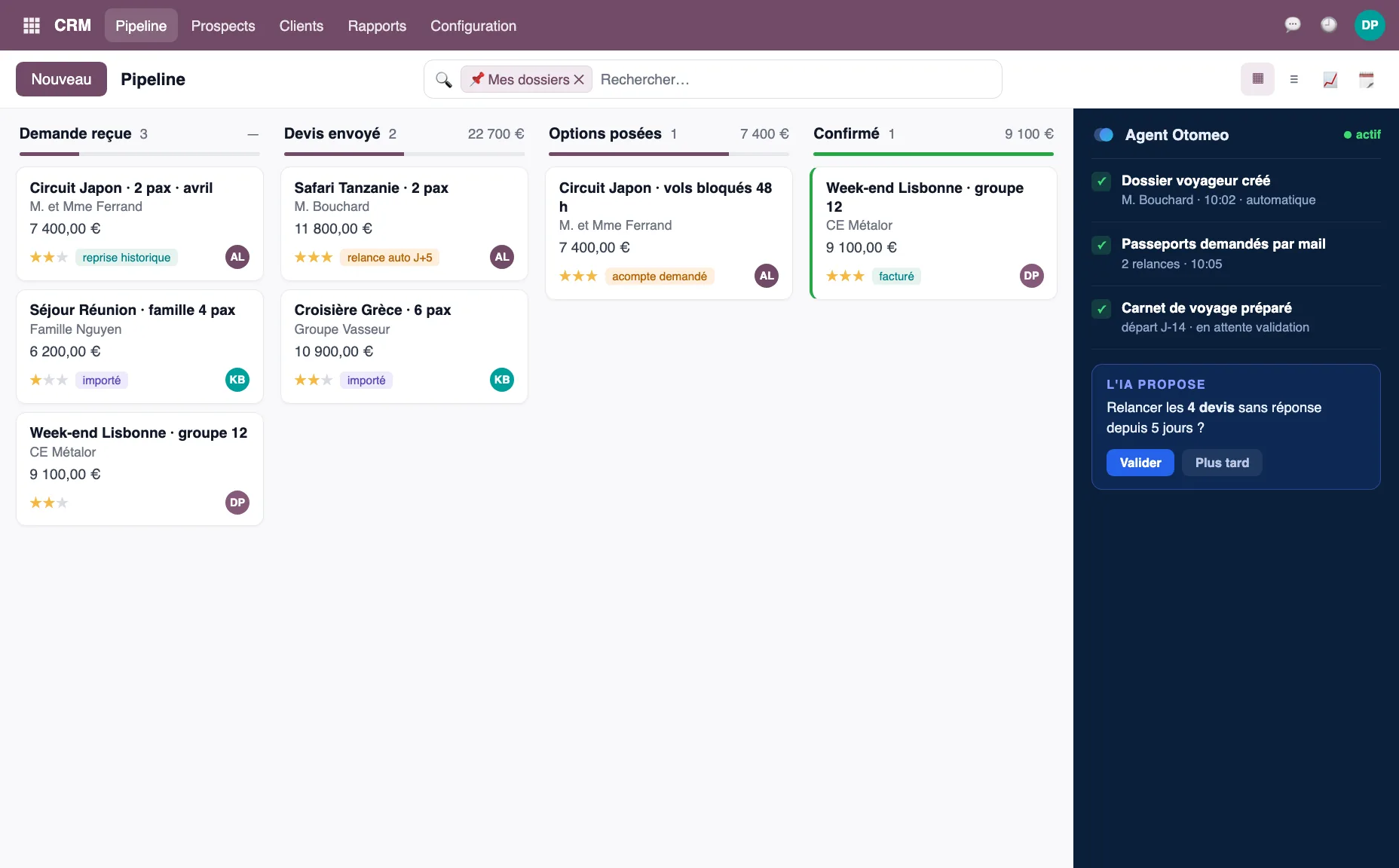 Pipeline Odoo d'une agence de voyages : demandes, devis et départs